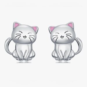 Sterling Silver Stud Cat Earrings with Pink Ear Accent Color